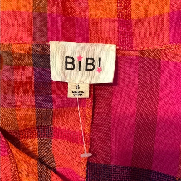 BiBi Vibrant Plaid button down double chest pockets S orange pink linen cotton S - Picture 3 of 7